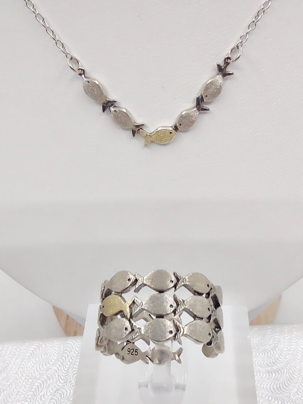 2-Pc Set- Necklace + Ring-Sz 8-8.5 FISH SWIMMING Sterling Silver 925